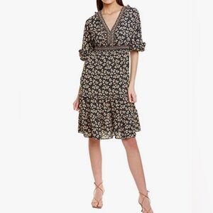 Max Studio Navy Blue Floral Bubble Sleeve Tiered Midi Dress Women’s